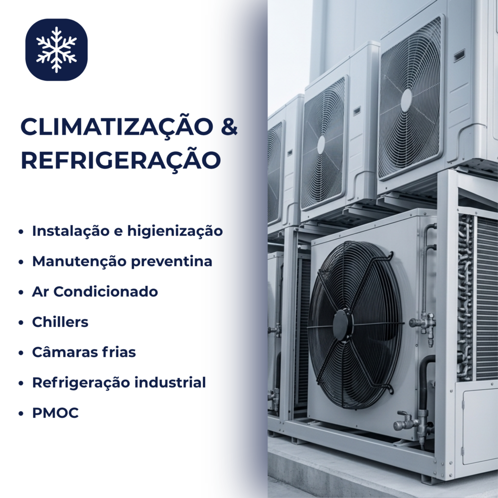 Instalação e higienização Manutenção preventina Ar Condicionado Chillers Câmaras frias Refrigeração industrial PMOC