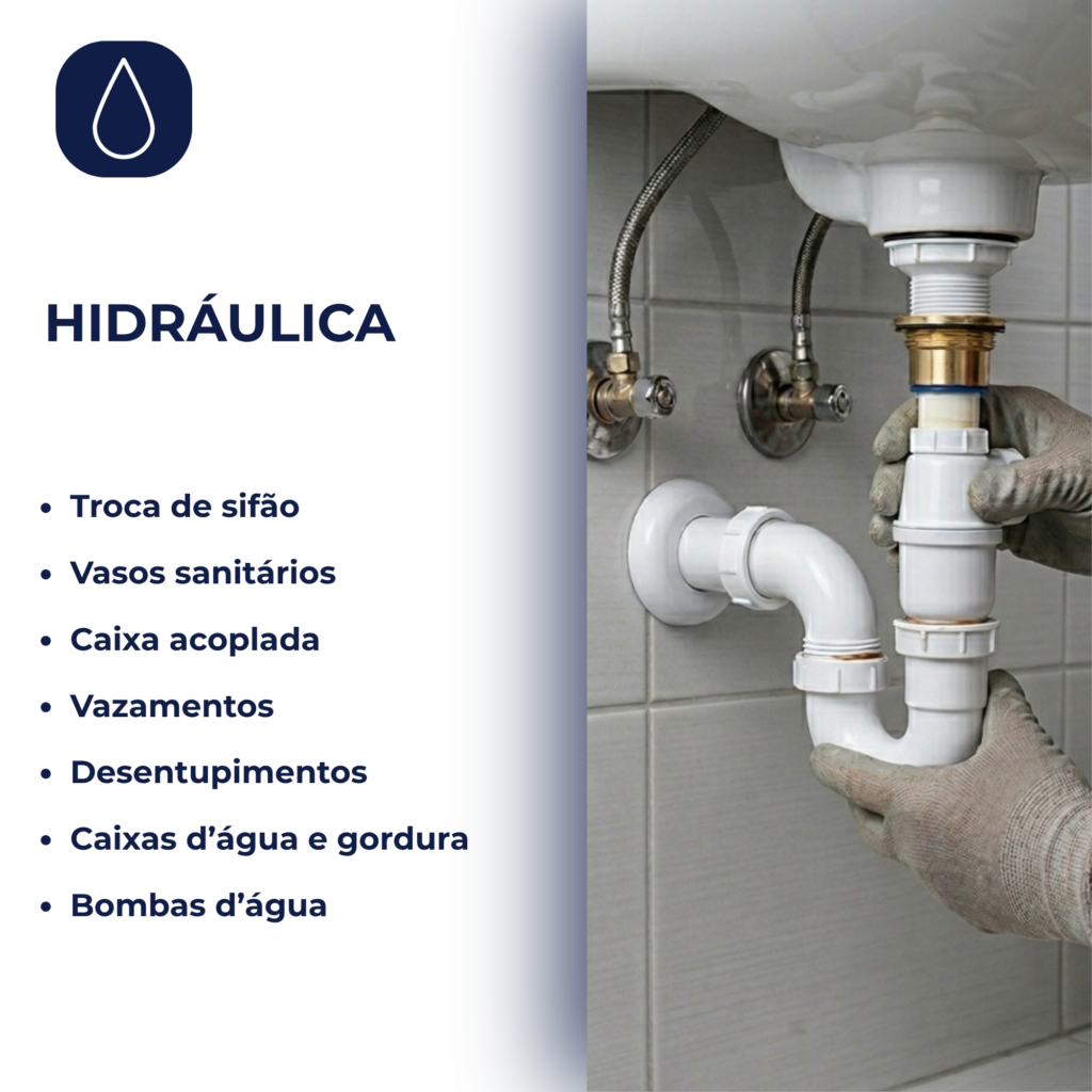 Troca de sifão Vasos sanitários Caixa acoplada Vazamentos Desentupimentos Caixas d’água e gordura Bombas d’água